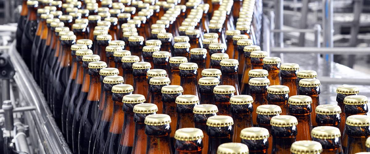 Glass bottles on conveyor belt at plant