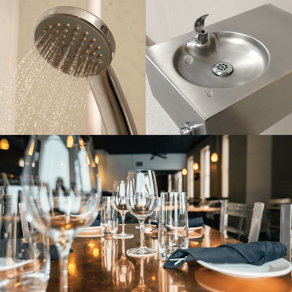 shower, drinking fountain, restaurant table