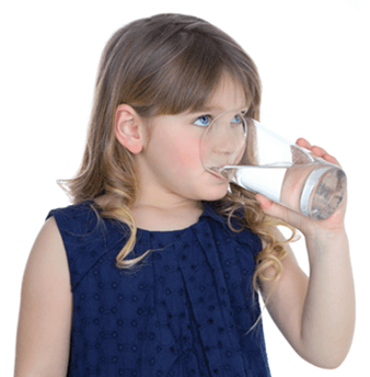 girl in blue shirt drinking water