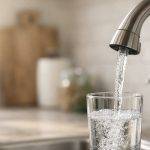 a photo of a kitchen faucet with water filling a glass