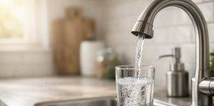 a photo of a kitchen faucet with water filling a glass